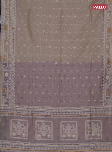 Chanderi silk cotton saree cream and mild lavender with allover thread & zari woven buttas and jamdhani kantha stitch work border