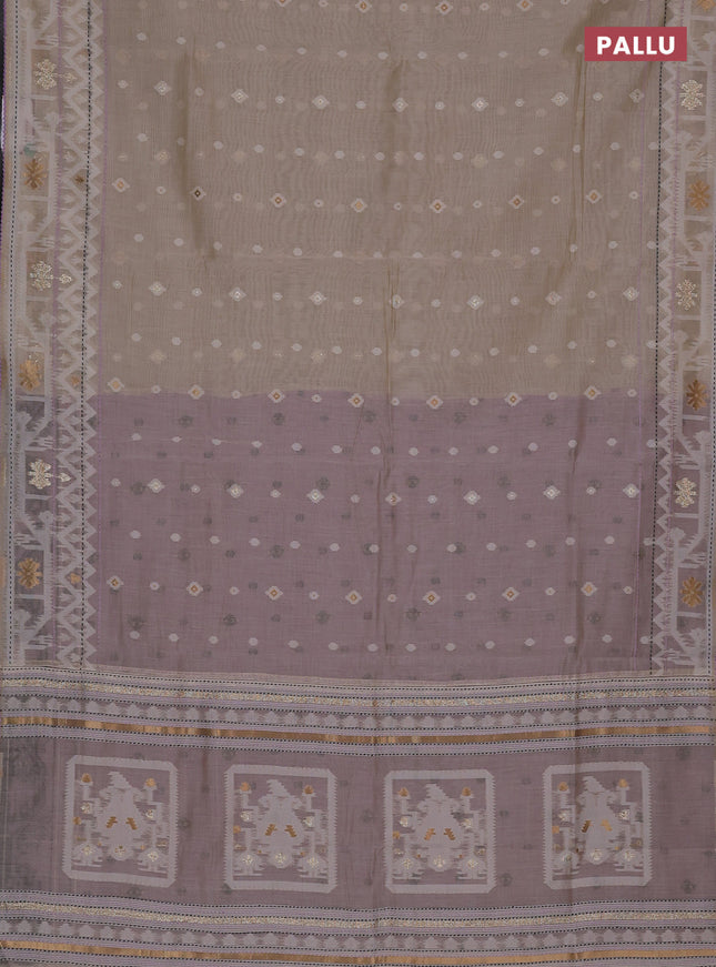 Chanderi silk cotton saree cream and mild lavender with allover thread & zari woven buttas and jamdhani kantha stitch work border