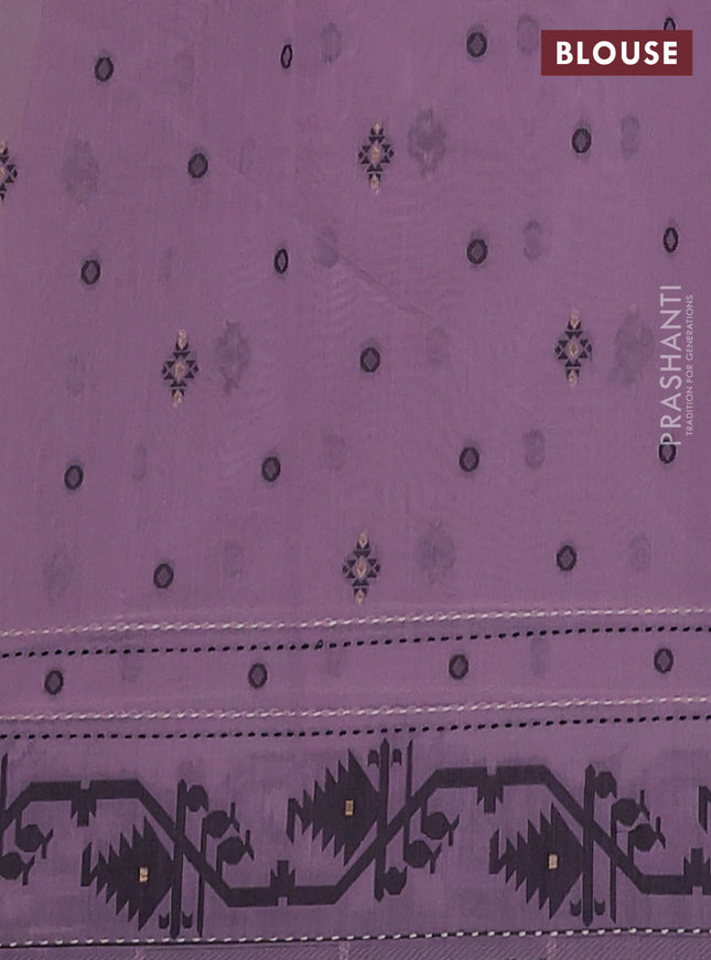 Chanderi silk cotton saree cream and mild lavender with allover thread & zari woven buttas and jamdhani kantha stitch work border
