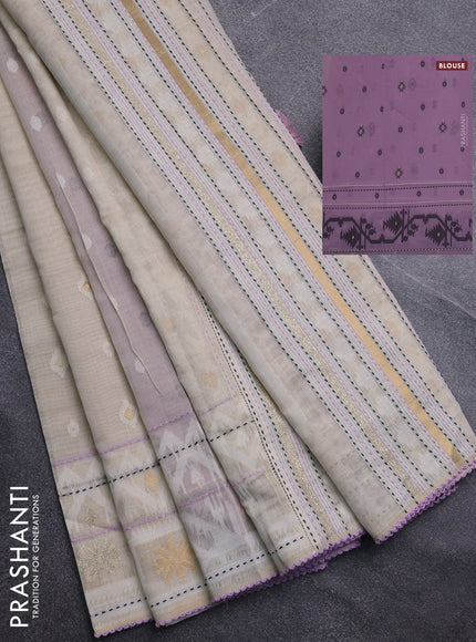 Chanderi silk cotton saree cream and mild lavender with allover thread & zari woven buttas and jamdhani kantha stitch work border