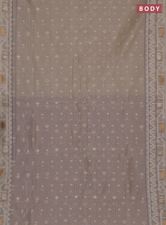 Chanderi silk cotton saree cream and lavender with allover thread & zari woven buttas and jamdhani kantha stitch work border