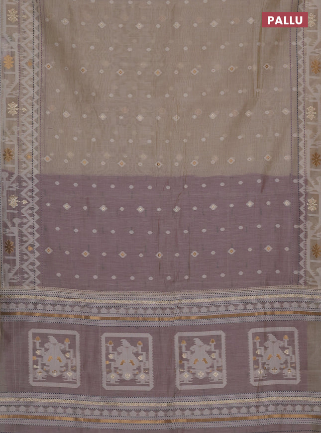 Chanderi silk cotton saree cream and lavender with allover thread & zari woven buttas and jamdhani kantha stitch work border
