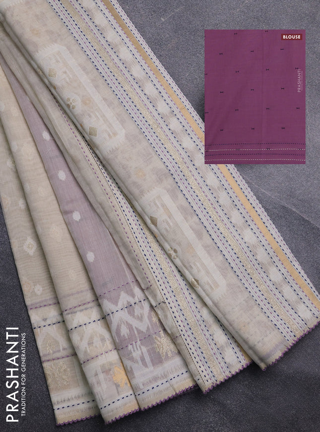 Chanderi silk cotton saree cream and lavender with allover thread & zari woven buttas and jamdhani kantha stitch work border