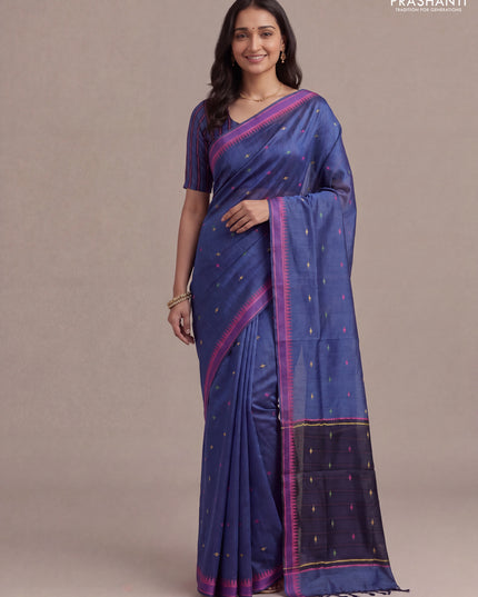 Munga tussar silk saree peacock blue and pink with thread woven geomatric buttas and organza pallu