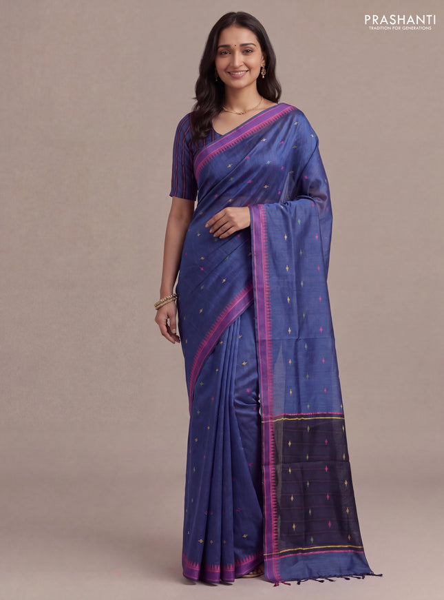 Munga tussar silk saree peacock blue and pink with thread woven geomatric buttas and organza pallu