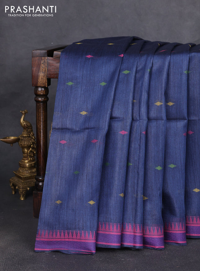 Munga tussar silk saree peacock blue and pink with thread woven geomatric buttas and organza pallu