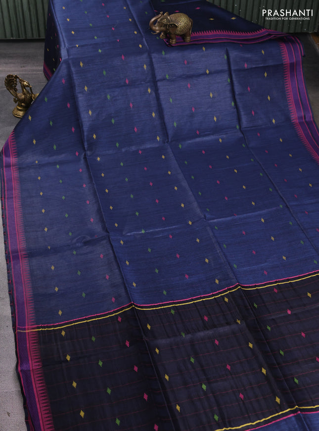 Munga tussar silk saree peacock blue and pink with thread woven geomatric buttas and organza pallu