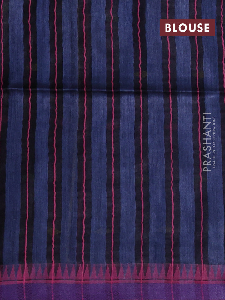 Munga tussar silk saree peacock blue and pink with thread woven geomatric buttas and organza pallu