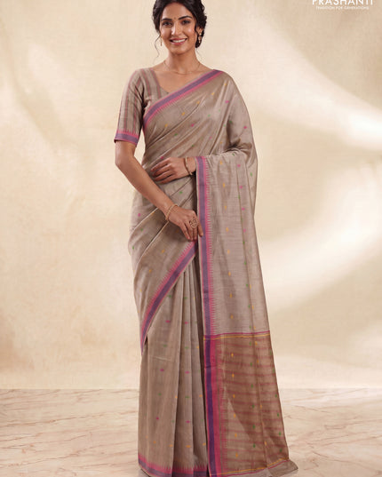 Munga tussar silk saree beige and pink with thread woven geomatric buttas and organza pallu