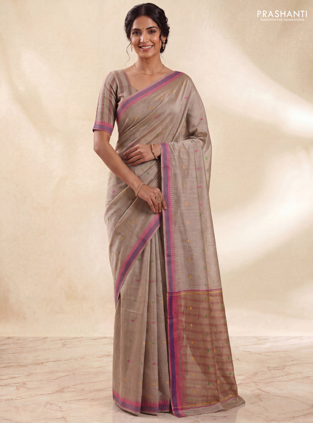 Munga tussar silk saree beige and pink with thread woven geomatric buttas and organza pallu