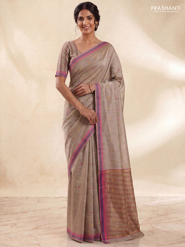 Munga tussar silk saree beige and pink with thread woven geomatric buttas and organza pallu