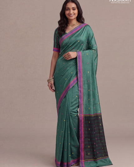 Munga tussar silk saree bottle green and pink with thread woven geomatric buttas and organza pallu
