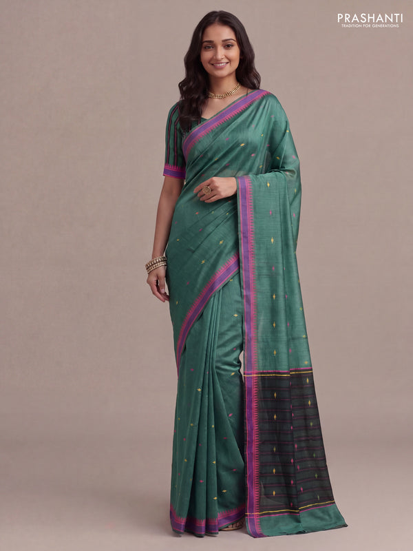 Munga tussar silk saree bottle green and pink with thread woven geomatric buttas and organza pallu