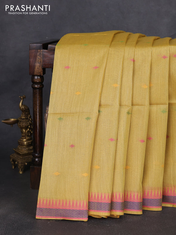 Munga tussar silk saree mustard yellow and pink with thread woven geomatric buttas and organza pallu