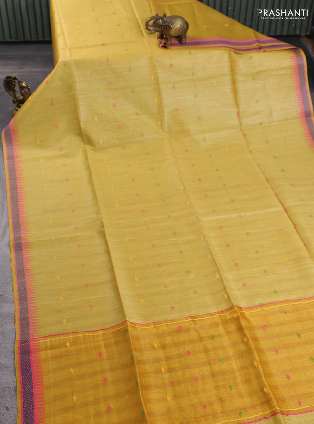 Munga tussar silk saree mustard yellow and pink with thread woven geomatric buttas and organza pallu
