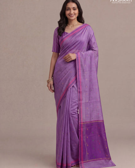 Munga tussar silk saree lavender and pink with thread woven geomatric buttas and organza pallu