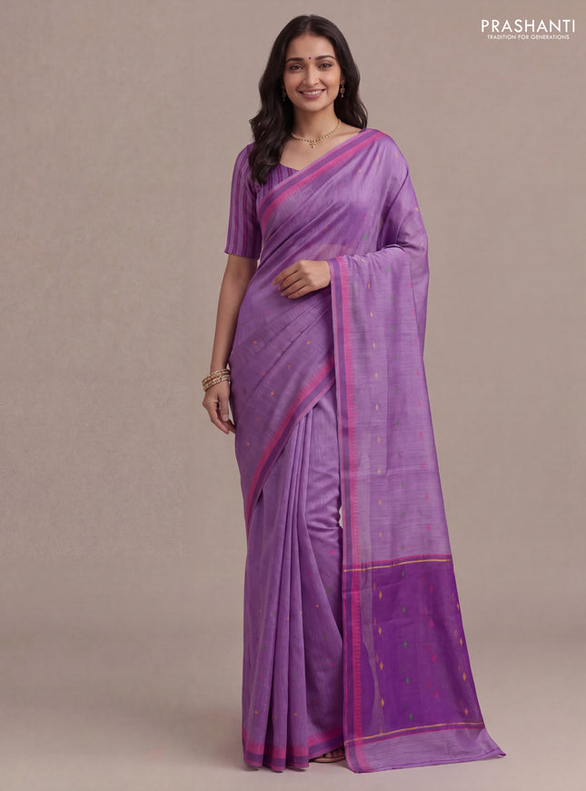 Munga tussar silk saree lavender and pink with thread woven geomatric buttas and organza pallu