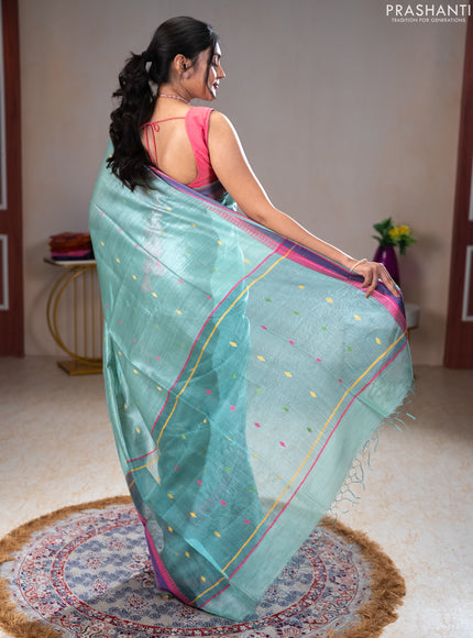 Munga tussar silk saree pastel green shade and pink with thread woven geomatric buttas and organza pallu