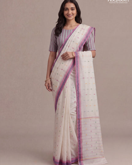 Munga tussar silk saree off white and pink with thread woven geomatric buttas and organza pallu