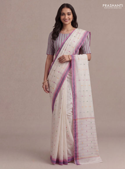 Munga tussar silk saree off white and pink with thread woven geomatric buttas and organza pallu