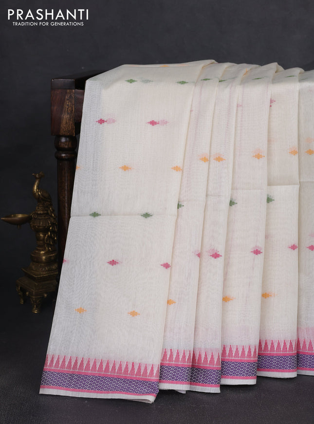 Munga tussar silk saree off white and pink with thread woven geomatric buttas and organza pallu