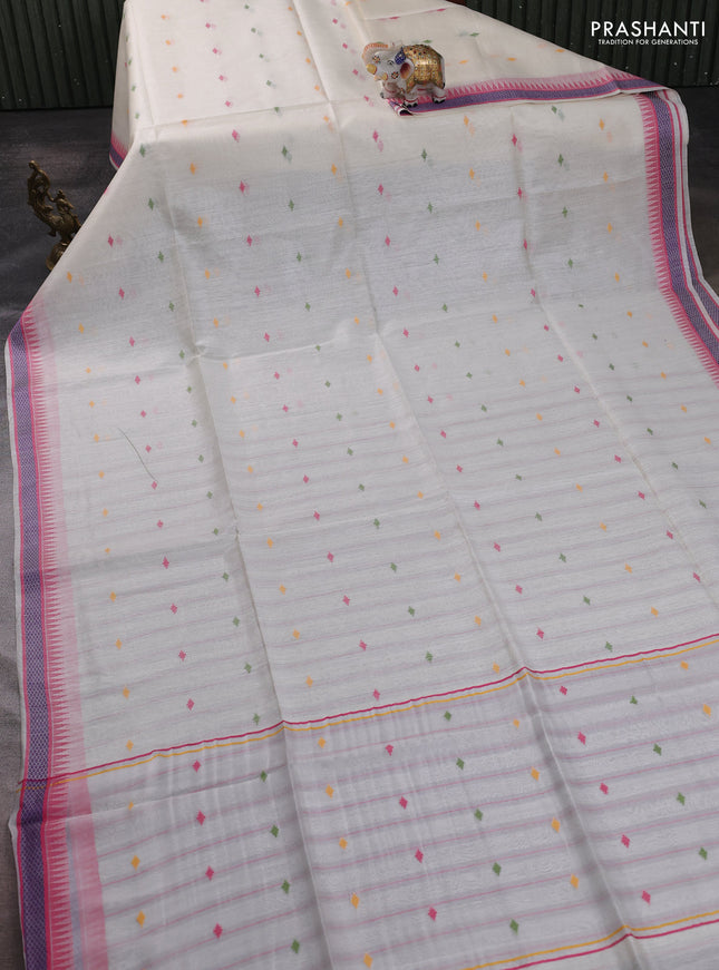 Munga tussar silk saree off white and pink with thread woven geomatric buttas and organza pallu