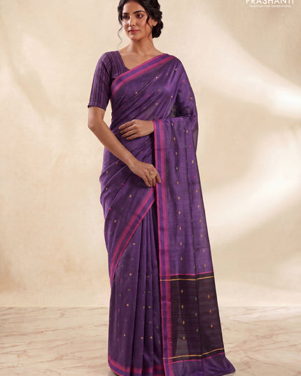 Munga tussar silk saree purple and pink with thread woven geomatric buttas and organza pallu