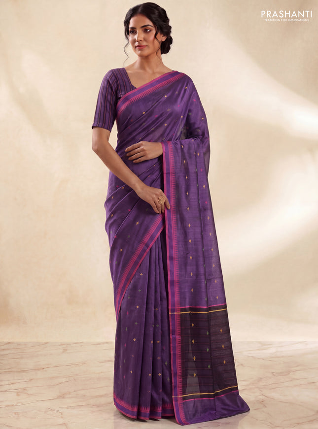 Munga tussar silk saree purple and pink with thread woven geomatric buttas and organza pallu