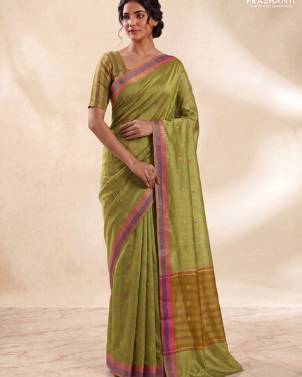 Munga tussar silk saree mustard green and pink with thread woven geomatric buttas and organza pallu
