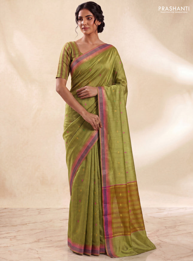 Munga tussar silk saree mustard green and pink with thread woven geomatric buttas and organza pallu