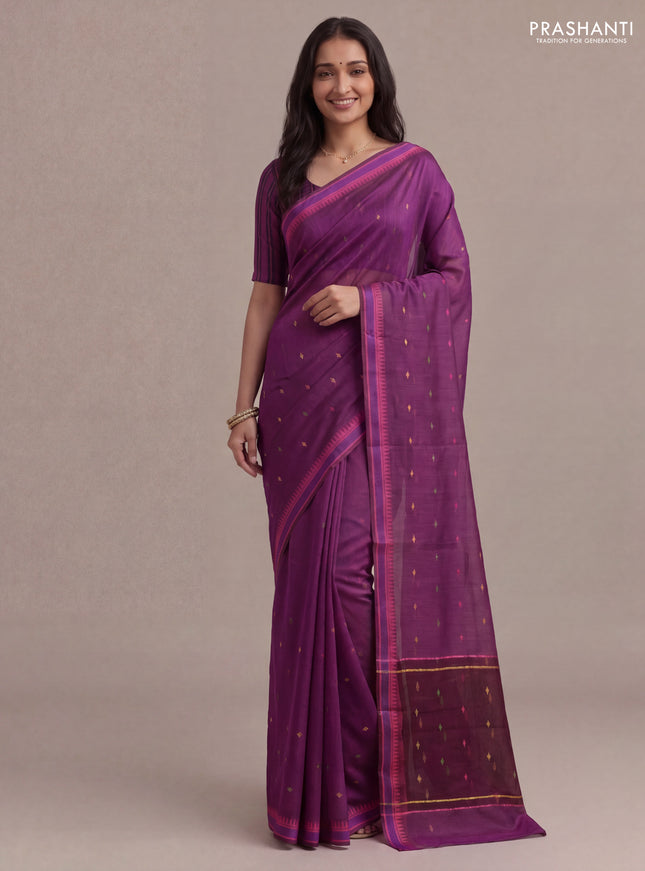 Munga tussar silk saree wine shade and pink with thread woven geomatric buttas and organza pallu