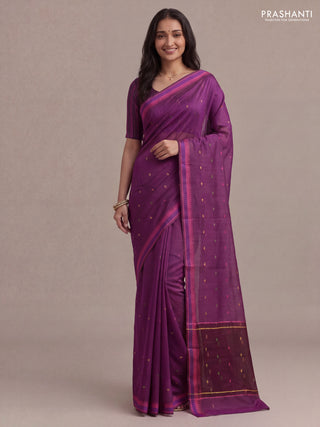 Munga tussar silk saree wine shade and pink with thread woven geomatric buttas and organza pallu