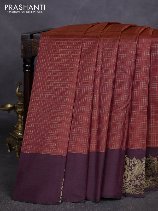 Pure kanchipuram silk saree rust shade and wine shade with allover small zari woven checked pattern and rich zari woven butta border