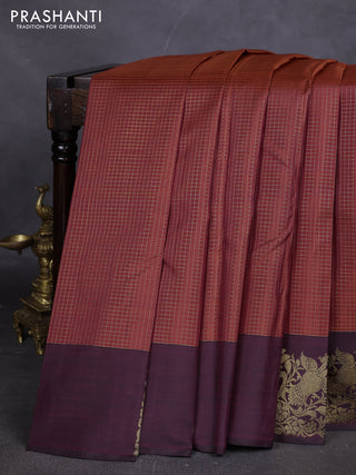 Pure kanchipuram silk saree rust shade and wine shade with allover small zari woven checked pattern and rich zari woven butta border