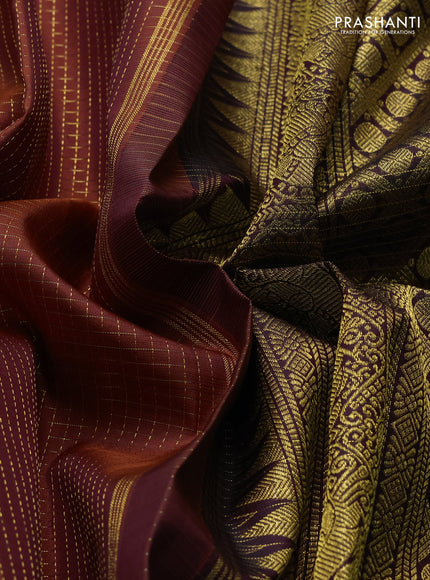 Pure kanchipuram silk saree rust shade and wine shade with allover small zari woven checked pattern and rich zari woven butta border