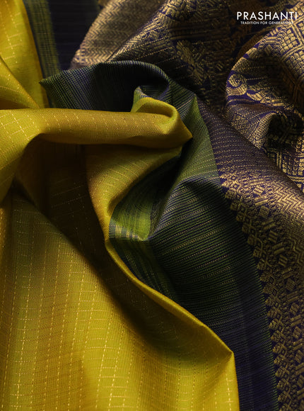 Pure kanchipuram silk saree lime yellow and dark blue with allover small zari woven checked pattern and rich zari woven border