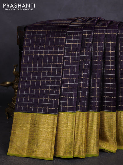 Pure kanchipuram silk saree jamun shade and lime green with allover silver & gold zari checked pattern and rich zari woven border