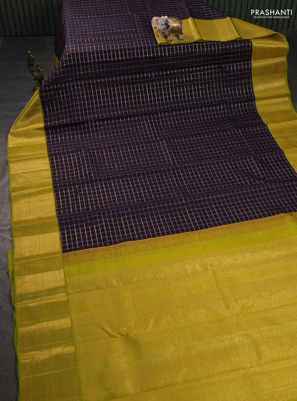Pure kanchipuram silk saree jamun shade and lime green with allover silver & gold zari checked pattern and rich zari woven border