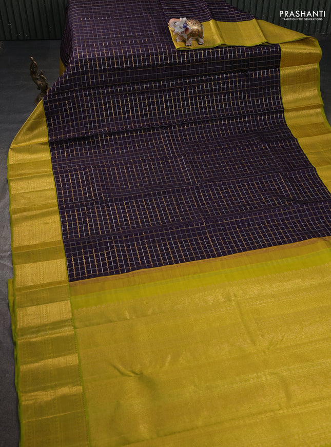 Pure kanchipuram silk saree jamun shade and lime green with allover silver & gold zari checked pattern and rich zari woven border