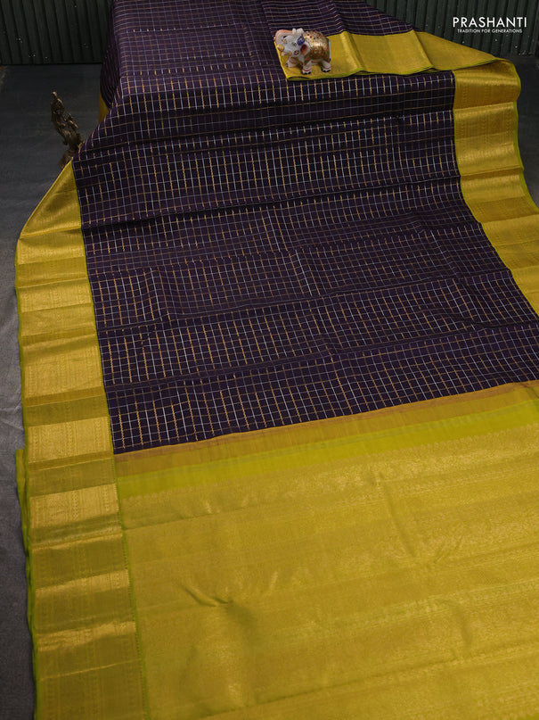 Pure kanchipuram silk saree jamun shade and lime green with allover silver & gold zari checked pattern and rich zari woven border