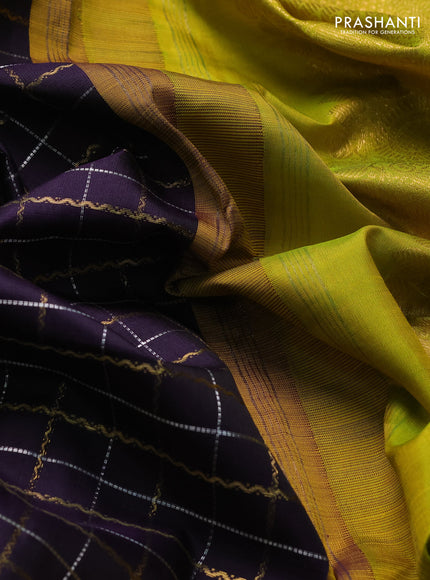 Pure kanchipuram silk saree jamun shade and lime green with allover silver & gold zari checked pattern and rich zari woven border
