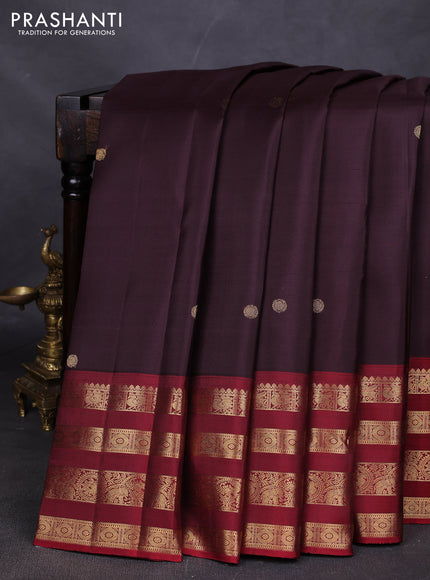 Pure kanchipuram silk saree coffee brown and maroon with zari woven buttas and rich zari woven border