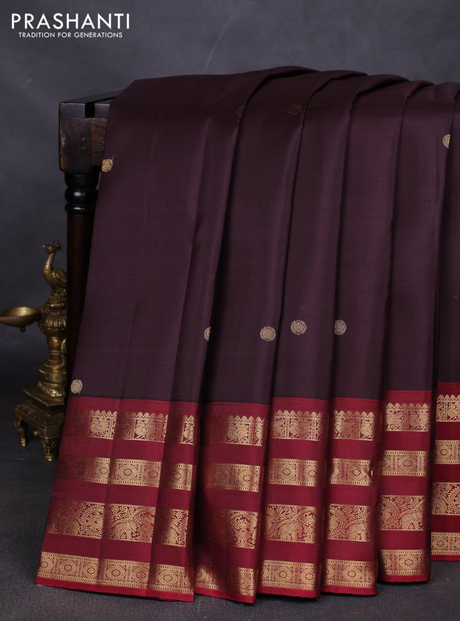 Pure kanchipuram silk saree coffee brown and maroon with zari woven buttas and rich zari woven border
