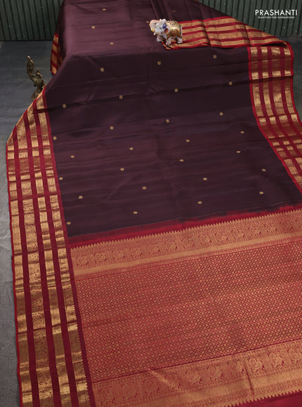 Pure kanchipuram silk saree coffee brown and maroon with zari woven buttas and rich zari woven border