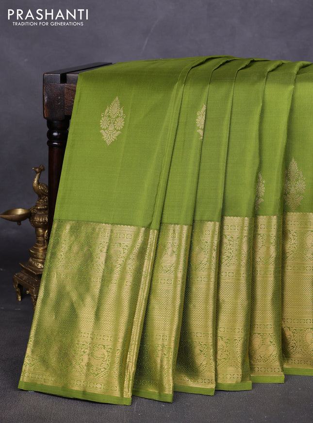 Pure kanchipuram silk saree mehendi green with zari woven buttas and long zari woven border