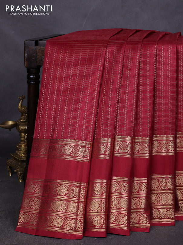 Pure kanchipuram silk saree maroon with allover small zari checks & buttas and long rettapet zari woven border