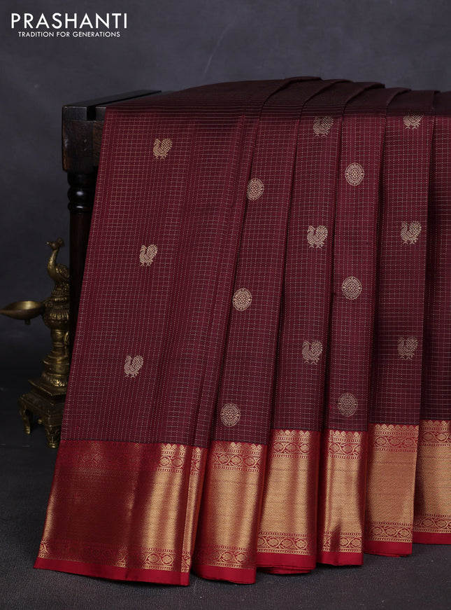 Pure kanchipuram silk saree deep maroon and red with allover small zari checks & buttas and rich zari woven border