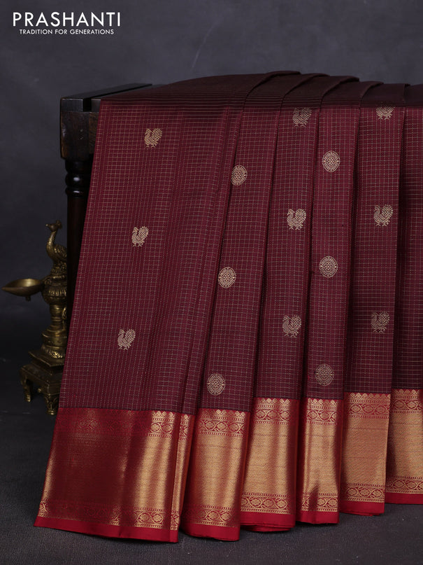 Pure kanchipuram silk saree deep maroon and red with allover small zari checks & buttas and rich zari woven border