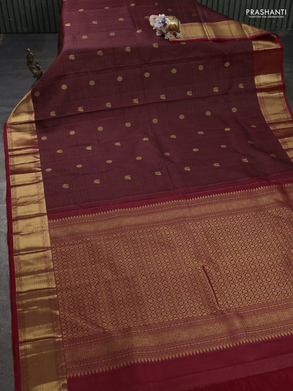 Pure kanchipuram silk saree deep maroon and red with allover small zari checks & buttas and rich zari woven border