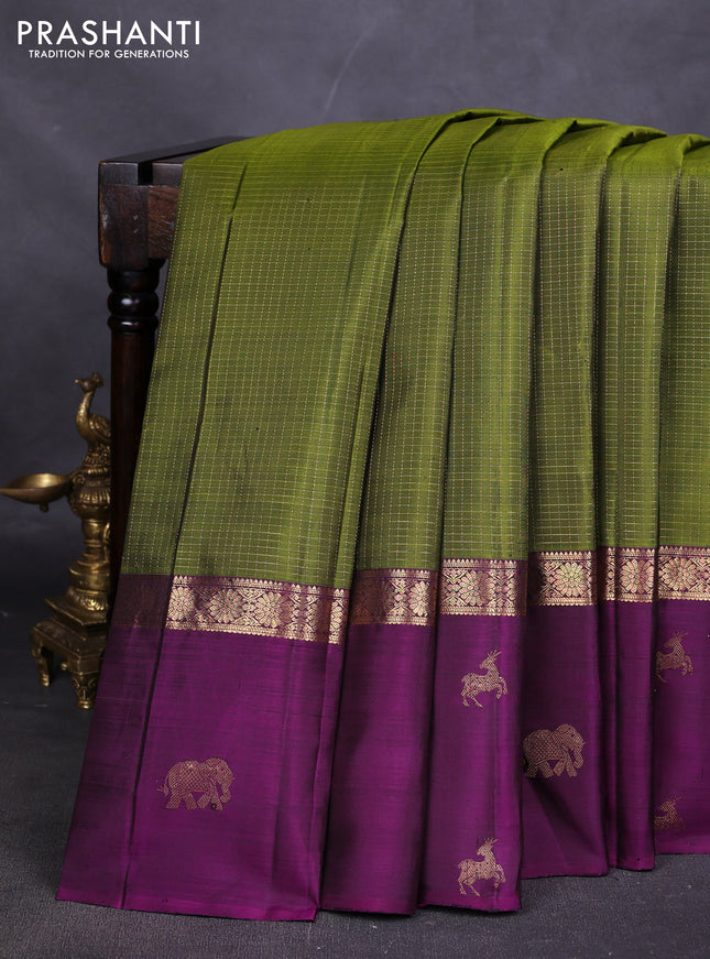 Pure kanchipuram silk saree mehendi green and purple with allover small zari woven checked pattern and long zari woven butta border